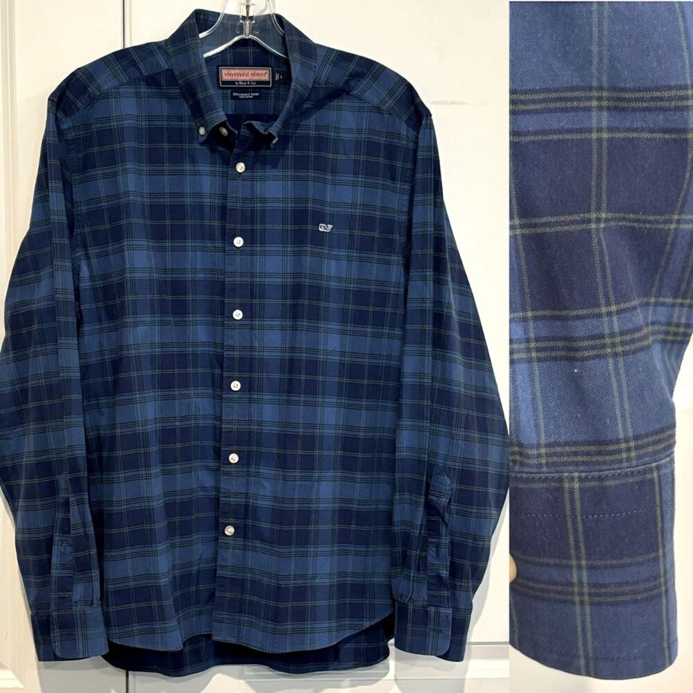 Vineyard Vines Collegiate Button Down Blue Green Plaid Shirt Men's Large